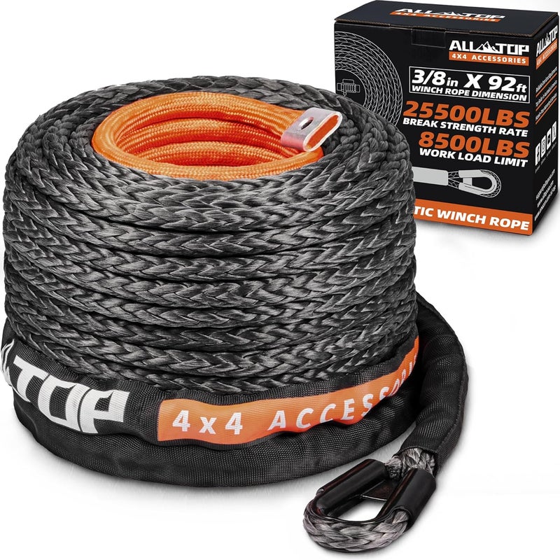 ALL-TOP Synthetic Winch Rope Cable, 3/8" x92ft, 25500LBS Winch Replace Line with Protective Sleeve for Offroad Vehicle SUV Truck - Image 1