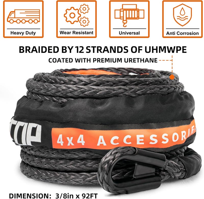 ALL-TOP Synthetic Winch Rope Cable, 3/8" x92ft, 25500LBS Winch Replace Line with Protective Sleeve for Offroad Vehicle SUV Truck - Image 2