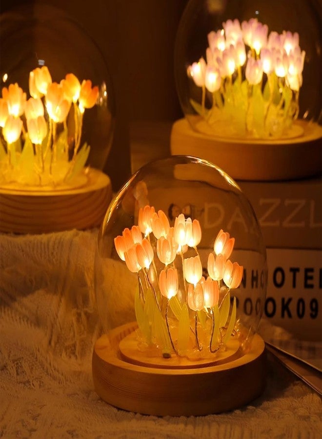 BELOXY Romantic LED Tulip Night Light with Wooden Base, USB Powered, 9 DIY Tulip Flowers, Soft Pink Glow Tulip Light (1) - Image 1