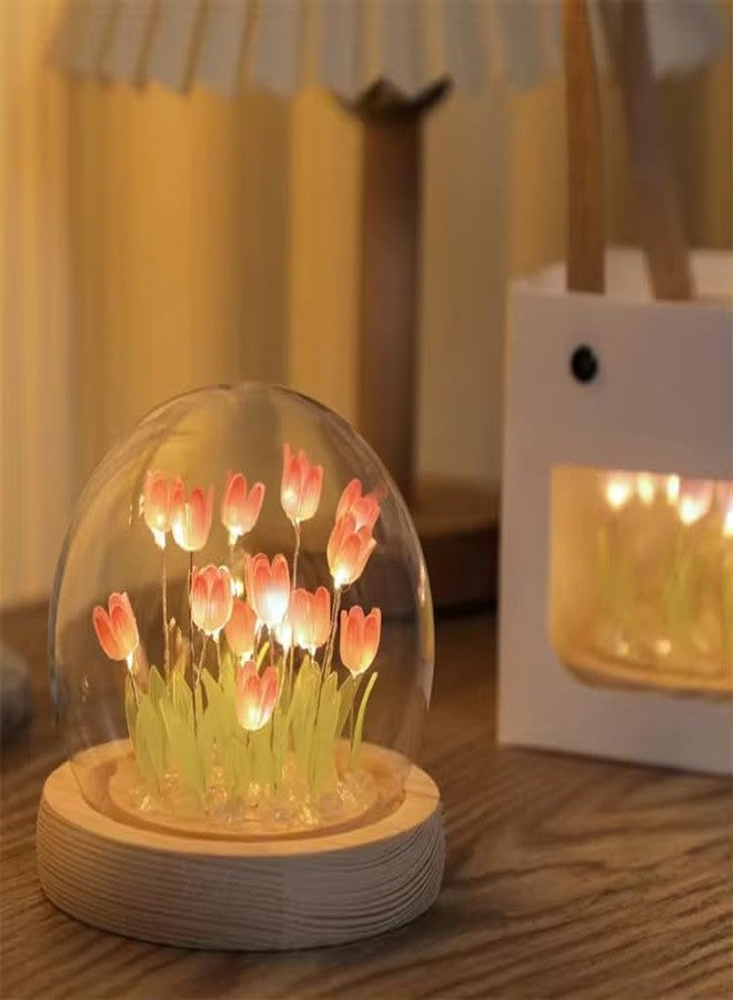 BELOXY Romantic LED Tulip Night Light with Wooden Base, USB Powered, 9 DIY Tulip Flowers, Soft Pink Glow Tulip Light (1) - Image 2