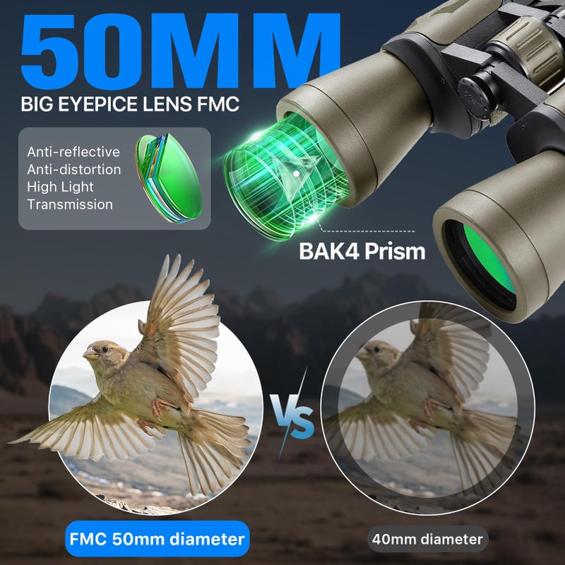 Free Soldier منظار 20x50 للبالغين مع محول للهواتف الذكية - منظار عالي القوة لمشاهدة الطيور والصيد والمشي في الطبيعة والحفلات والسفر والمسرح مع عدسة BAK4 Prism FMC، طين - Image 2