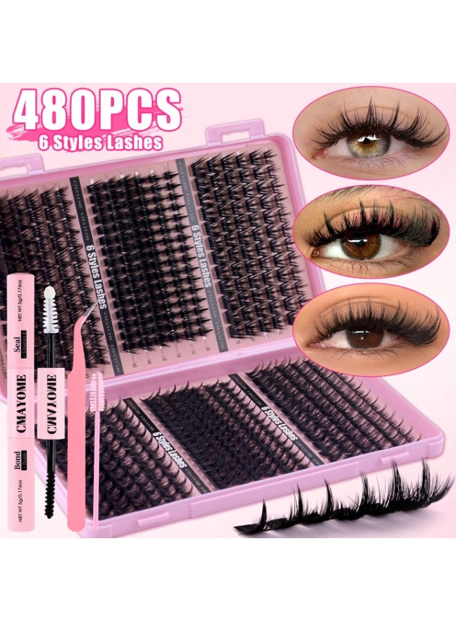 CMAYOME 480 pcs False Eyelash With Glue Kit, 6-Style Large Capacity DIY Individual Lash Extension Collection, 8-16 mm False Lash Cluster Set Including Lash Brush, Tweezers And Lash Bond and Seal, Suitable For Beginners. - Image 3