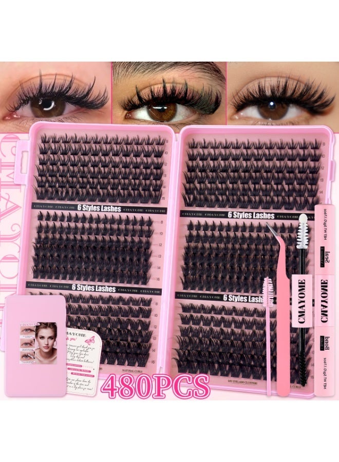 CMAYOME 480 pcs False Eyelash With Glue Kit, 6-Style Large Capacity DIY Individual Lash Extension Collection, 8-16 mm False Lash Cluster Set Including Lash Brush, Tweezers And Lash Bond and Seal, Suitable For Beginners. - Image 1