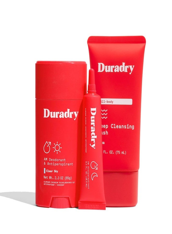 duradry نظام دورادراي 3 خطوات لمكافحة التعرق المفرط تحت الإبط، والرائحة و فرط التعرق، يمنع التعرق. يتضمن عصا مضادة للتعرق، جل للتحكم في التعرق وغسول للجسم.- سماء صافية (كمثرى مقرمشة + فانيليا) - Image 1
