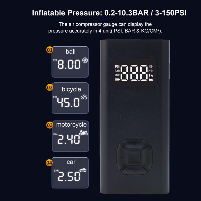 Tire Inflator Portable Air Compressor Digital Pressure Gauge with LEDs Light USB Rechargeable 150PSI Electric Air Pump for Car Bike Motorcycle Balls - Image 2