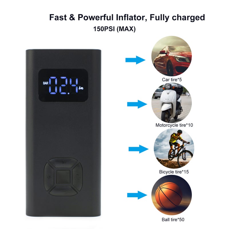 Tire Inflator Portable Air Compressor Digital Pressure Gauge with LEDs Light USB Rechargeable 150PSI Electric Air Pump for Car Bike Motorcycle Balls - Image 4