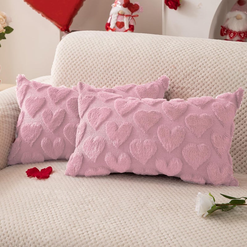 DFXSZ Valentines Pillow Covers 12x20 inch Set of 2 Valentines Day Decoration Pink Heart Soft Plush Faux Fur Jacquard Throw Pillows for Bedroom Sofa Holiday Festivals Home Decor PTK017B12 - Image 1