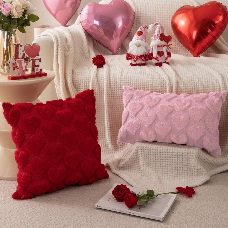 DFXSZ Valentines Pillow Covers 12x20 inch Set of 2 Valentines Day Decoration Pink Heart Soft Plush Faux Fur Jacquard Throw Pillows for Bedroom Sofa Holiday Festivals Home Decor PTK017B12 - Image 5