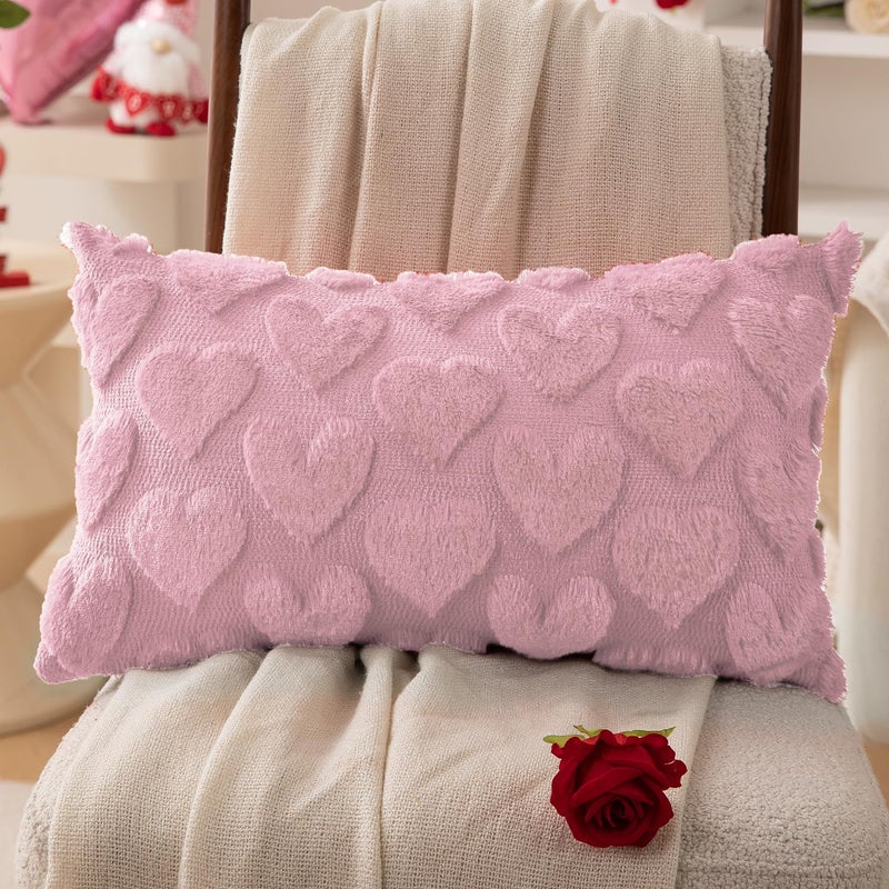DFXSZ Valentines Pillow Covers 12x20 inch Set of 2 Valentines Day Decoration Pink Heart Soft Plush Faux Fur Jacquard Throw Pillows for Bedroom Sofa Holiday Festivals Home Decor PTK017B12 - Image 3