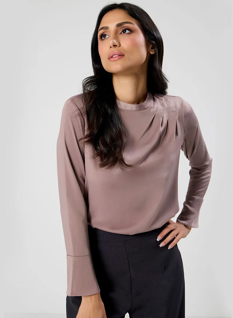 زجزاج Side Pleated Long Sleeve Brown Satin Top