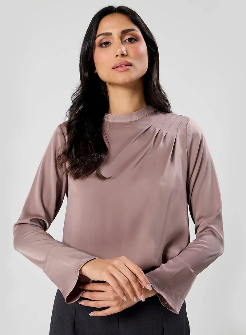 Zigzag Side Pleated Long Sleeve Brown Satin Top