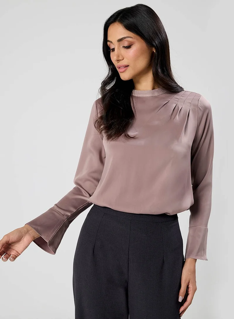 زجزاج Side Pleated Long Sleeve Brown Satin Top
