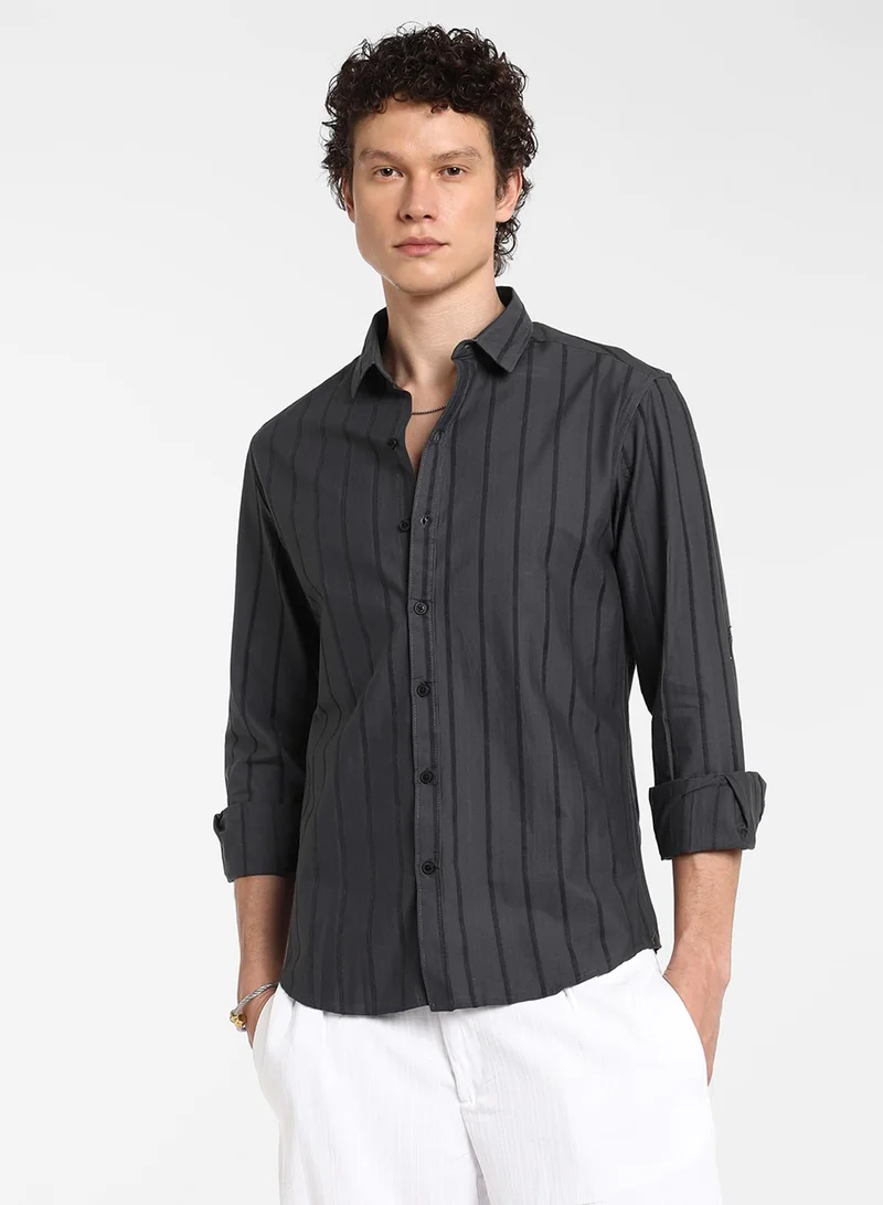 Campus Sutra Men's Charcoal Grey Pencil-Striped Shirt
