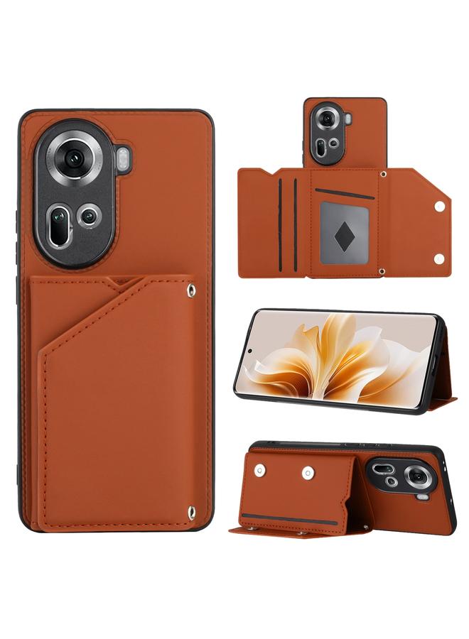 جراب هاتف OPPO Reno11 Global Skin Feel PU + TPU + PC مع فتحات للبطاقات (بني)