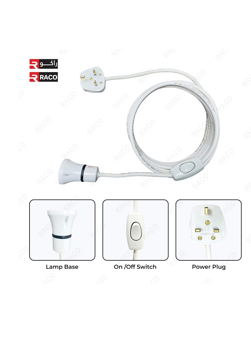 RACO E27 Light Holder with Flexible Wire and Switch for Various Uses: Bulb Holder with Extension Cable Three-core white cable with a UK plug  - Image 3