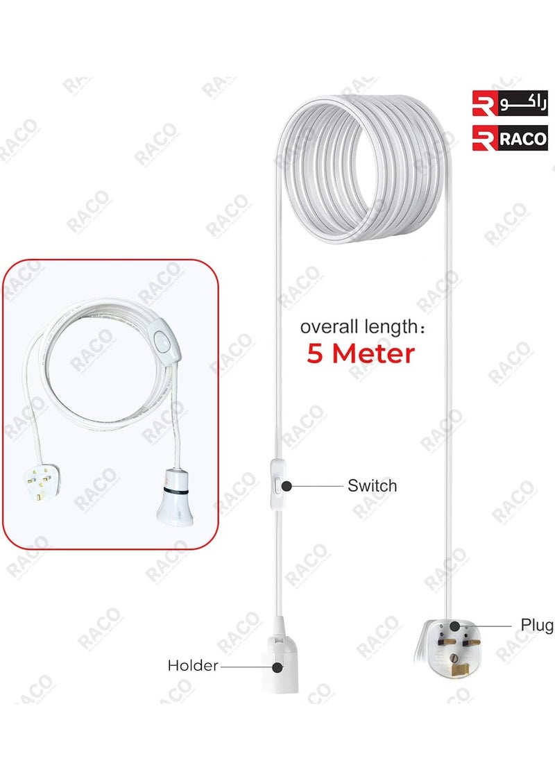 RACO E27 Light Holder with Flexible Wire and Switch for Various Uses: Bulb Holder with Extension Cable Three-core white cable with a UK plug  - Image 2