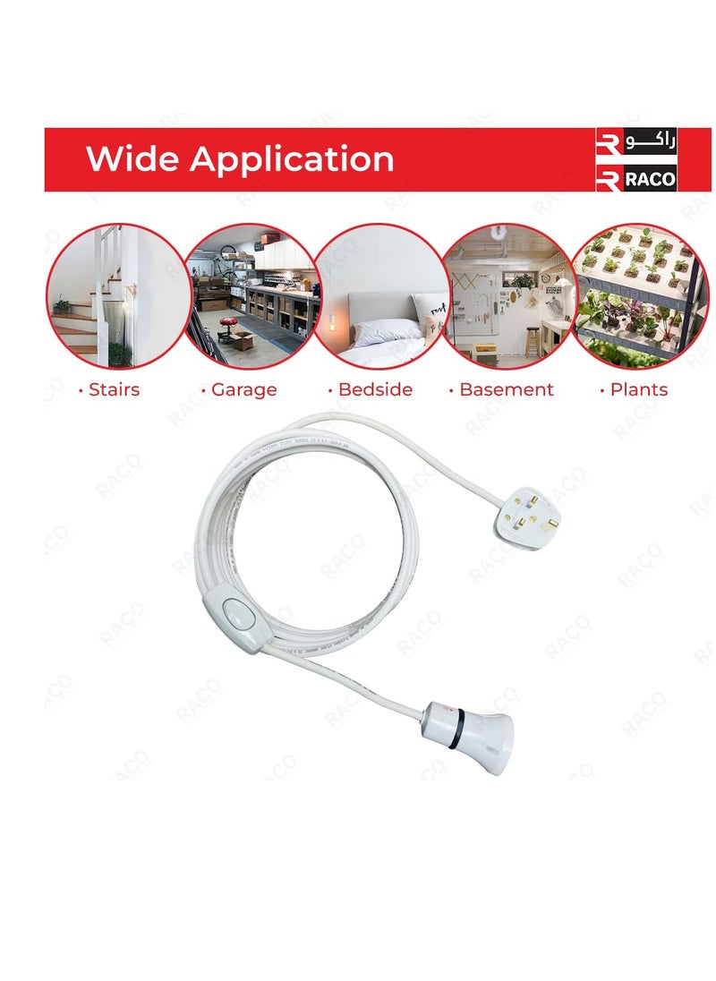 RACO E27 Light Holder with Flexible Wire and Switch for Various Uses: Bulb Holder with Extension Cable Three-core white cable with a UK plug  - Image 4