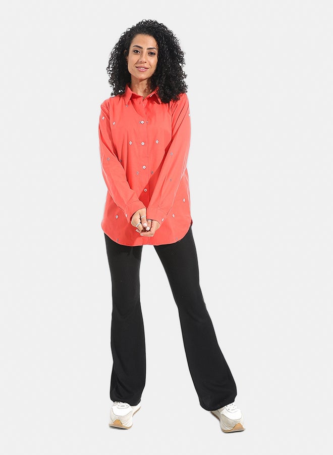 Andora Embrodired Long Sleeves Turned Down Collar Shirts _ Orange - Image 5