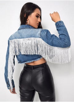 Loquat Fashionable Tassel Splicing Denim Short Jacket Navy Blue 