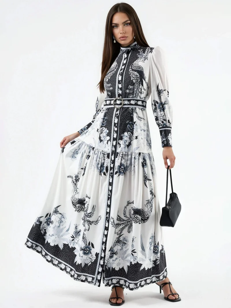 جينيفر Floral Maxi Dress with Shirt Collar and Belt