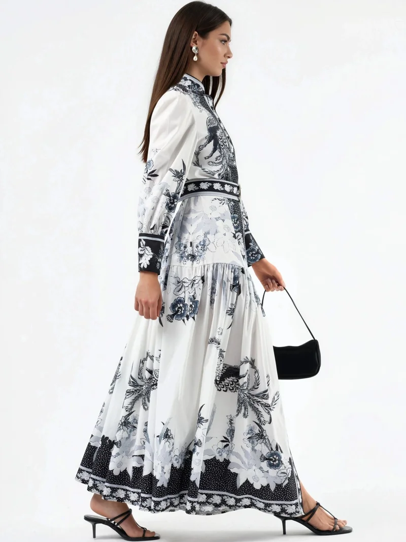 جينيفر Floral Maxi Dress with Shirt Collar and Belt