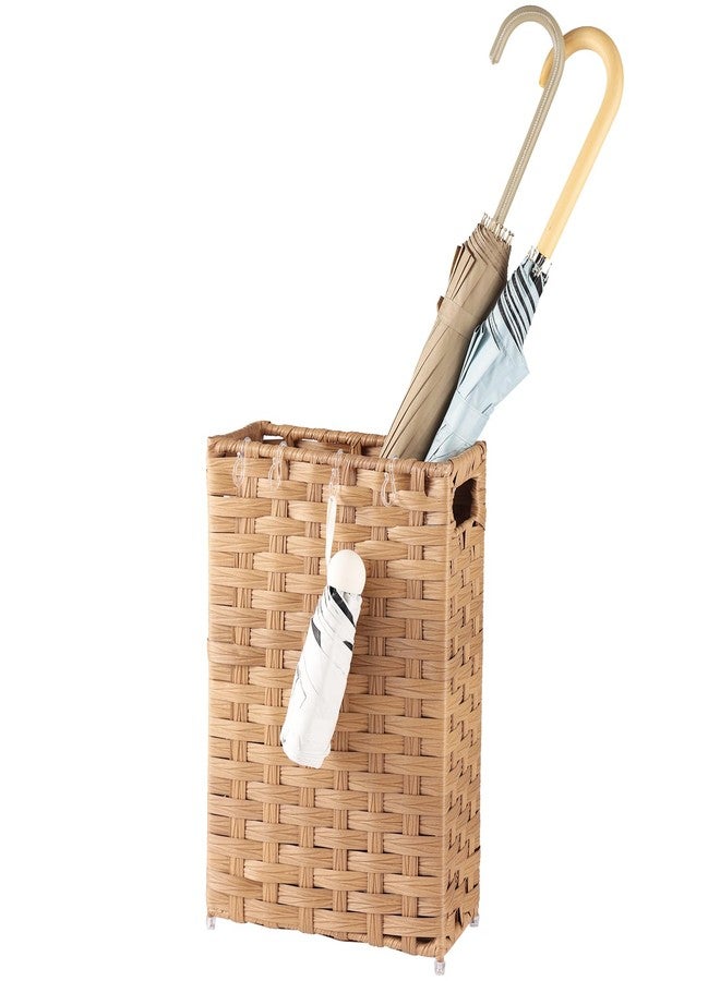 WAOHANAZ Rattan Umbrella Stand, Umbrella Holder for Entryway, Hand Woven Umbrella Rack Organizer Freestanding, with a Detachable Drip Tray, 4 Hooks, 11.8" L x 5.5" W x 16.5" H, Natural - Image 1