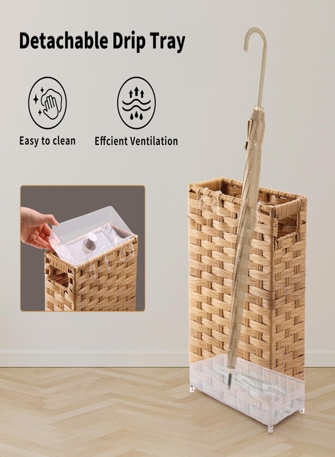 WAOHANAZ Rattan Umbrella Stand, Umbrella Holder for Entryway, Hand Woven Umbrella Rack Organizer Freestanding, with a Detachable Drip Tray, 4 Hooks, 11.8" L x 5.5" W x 16.5" H, Natural - Image 3