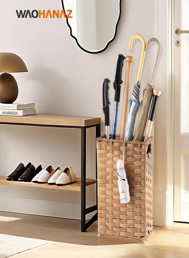 WAOHANAZ Rattan Umbrella Stand, Umbrella Holder for Entryway, Hand Woven Umbrella Rack Organizer Freestanding, with a Detachable Drip Tray, 4 Hooks, 11.8" L x 5.5" W x 16.5" H, Natural - Image 2