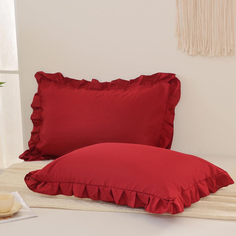 Merryword Burgundy Pillowcases King Pillowcases Ruffled Pillow Shams Set of 2 Cute Pillowcases Solid Ruffled Fringe Design Red Shabby Chic Pillowcases 2 Pack (King (20''x36'')  Burgundy) - Image 1
