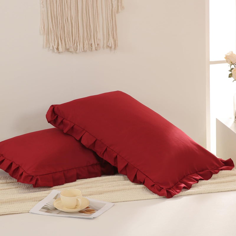 Merryword Burgundy Pillowcases King Pillowcases Ruffled Pillow Shams Set of 2 Cute Pillowcases Solid Ruffled Fringe Design Red Shabby Chic Pillowcases 2 Pack (King (20''x36'')  Burgundy) - Image 3