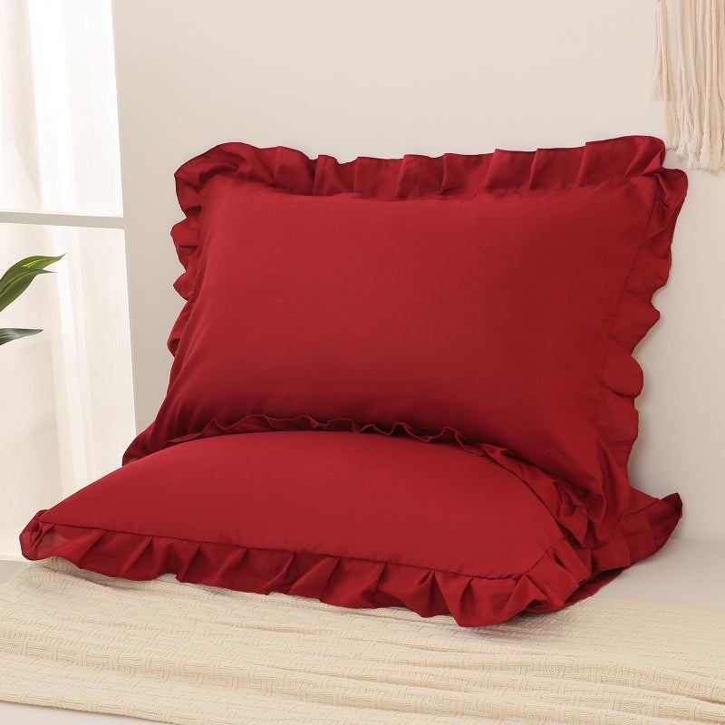 Merryword Burgundy Pillowcases King Pillowcases Ruffled Pillow Shams Set of 2 Cute Pillowcases Solid Ruffled Fringe Design Red Shabby Chic Pillowcases 2 Pack (King (20''x36'')  Burgundy) - Image 5
