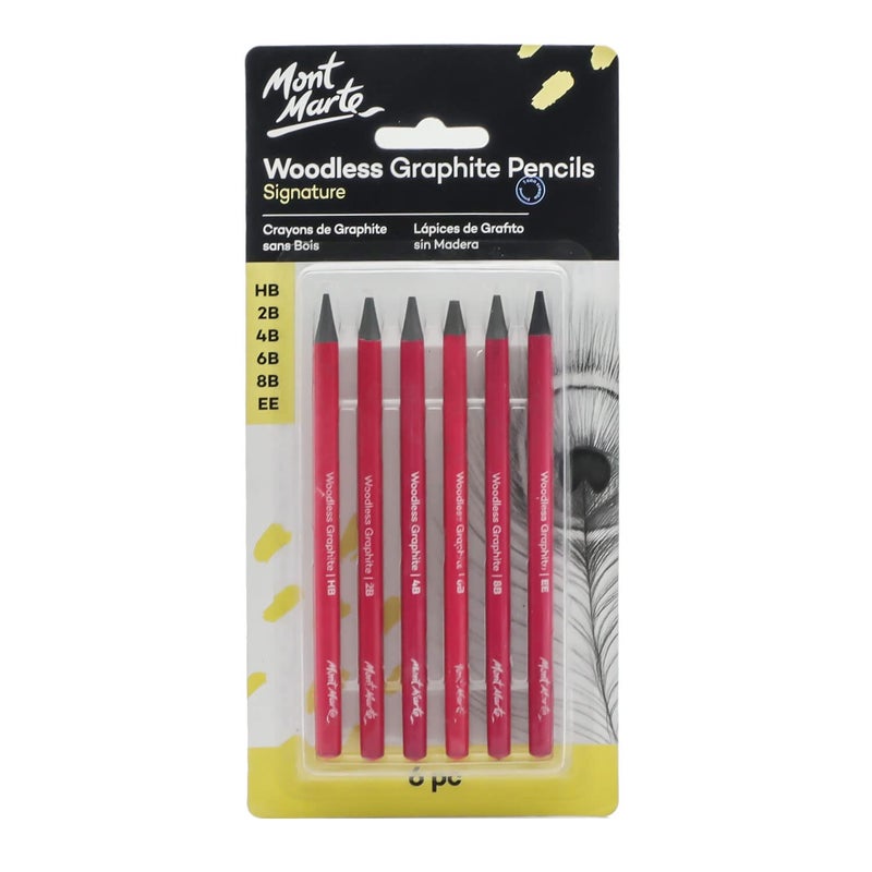 Mont Marte Mont Marte Woodless Graphite Pencils 6 Piece (HB, 2B, 4B, 6B, 8B and EE), Suitable for Sketching, Drawing and Shading  - Image 1