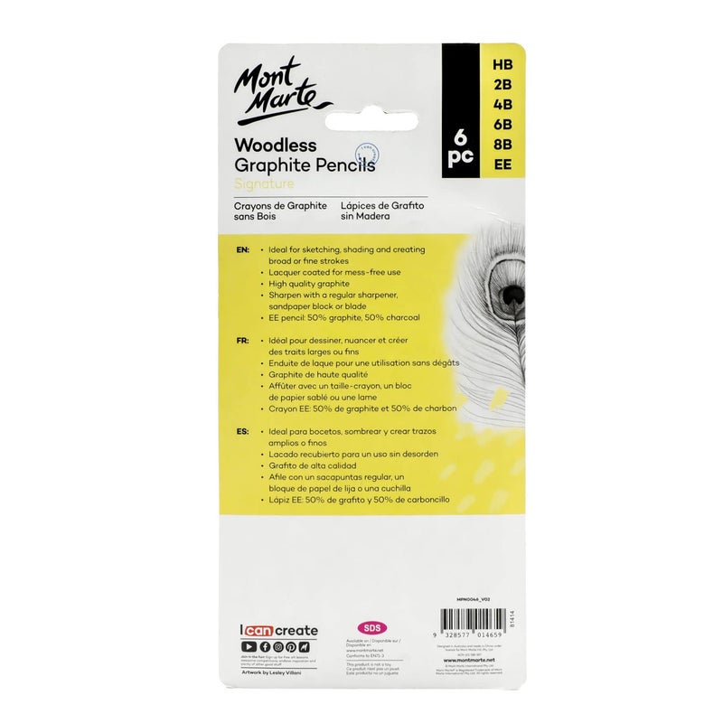 Mont Marte Mont Marte Woodless Graphite Pencils 6 Piece (HB, 2B, 4B, 6B, 8B and EE), Suitable for Sketching, Drawing and Shading  - Image 2