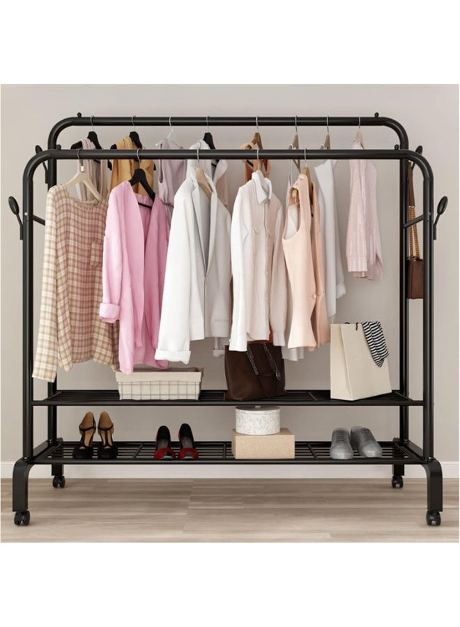 ديكور هيلز رف ملابس مزدوج القضبان شديد التحمل مع عجلات - منظم ملابس معدني أسود مع أرفف وخطافات جانبية وعجلات قابلة للقفل - رف خزانة ملابس محمول لغرفة النوم - يتطلب تجميعًا يدويًا - Image 1