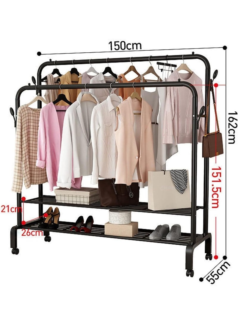 ديكور هيلز رف ملابس مزدوج القضبان شديد التحمل مع عجلات - منظم ملابس معدني أسود مع أرفف وخطافات جانبية وعجلات قابلة للقفل - رف خزانة ملابس محمول لغرفة النوم - يتطلب تجميعًا يدويًا - Image 2