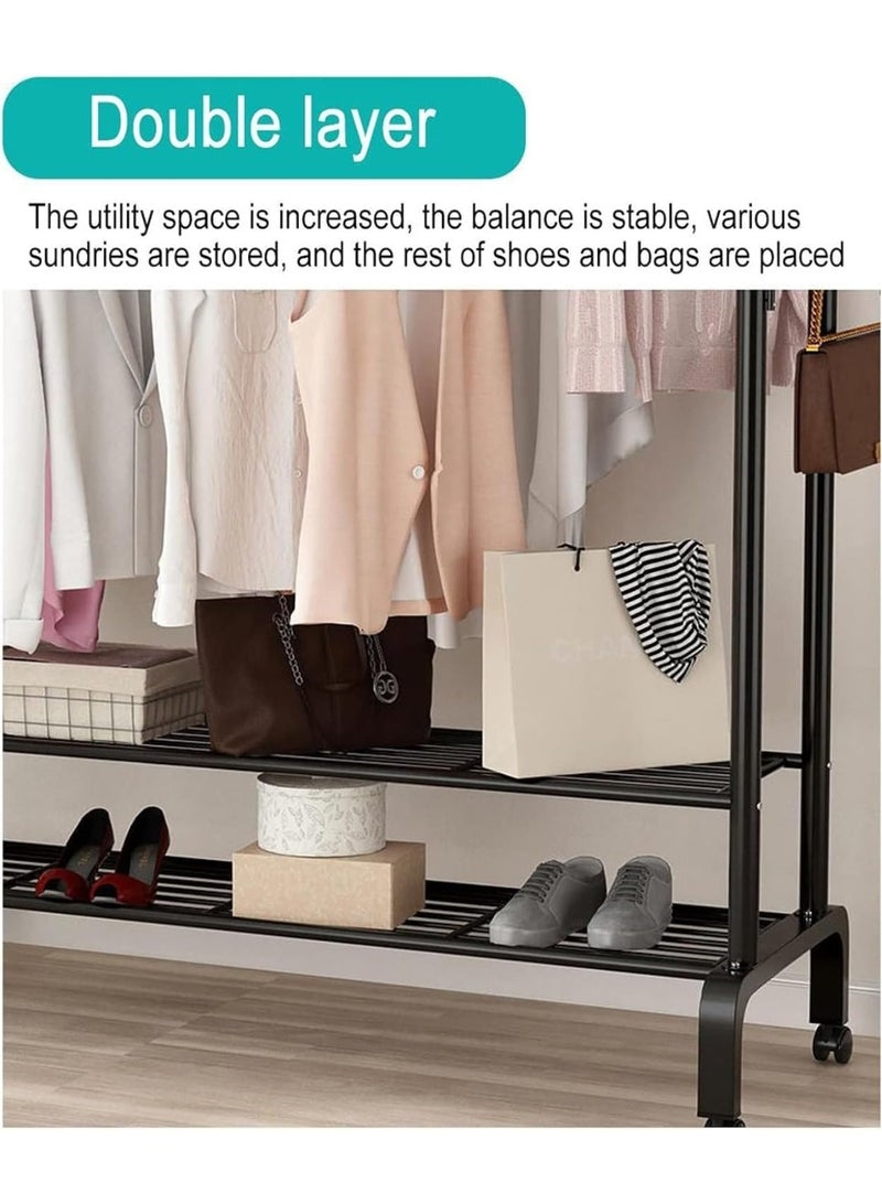 ديكور هيلز رف ملابس مزدوج القضبان شديد التحمل مع عجلات - منظم ملابس معدني أسود مع أرفف وخطافات جانبية وعجلات قابلة للقفل - رف خزانة ملابس محمول لغرفة النوم - يتطلب تجميعًا يدويًا - Image 3