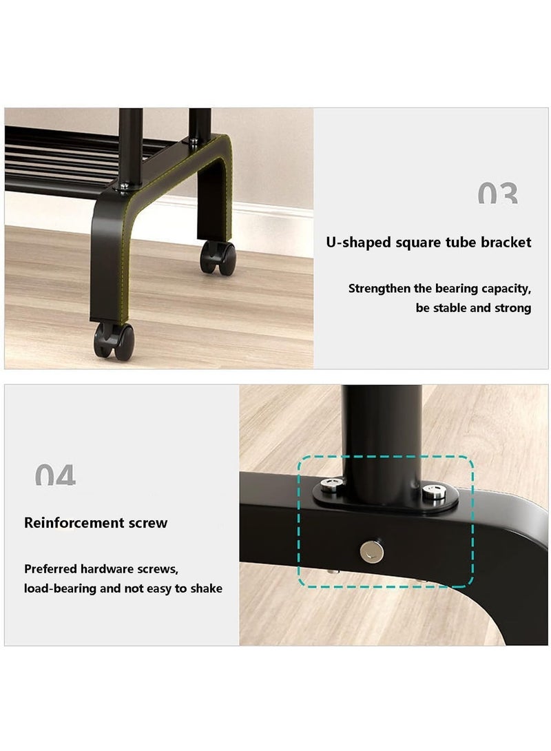 ديكور هيلز رف ملابس مزدوج القضبان شديد التحمل مع عجلات - منظم ملابس معدني أسود مع أرفف وخطافات جانبية وعجلات قابلة للقفل - رف خزانة ملابس محمول لغرفة النوم - يتطلب تجميعًا يدويًا - Image 4