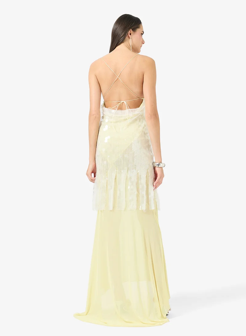 جينجر فستان سهرة مزين بالترتر بأشرطة