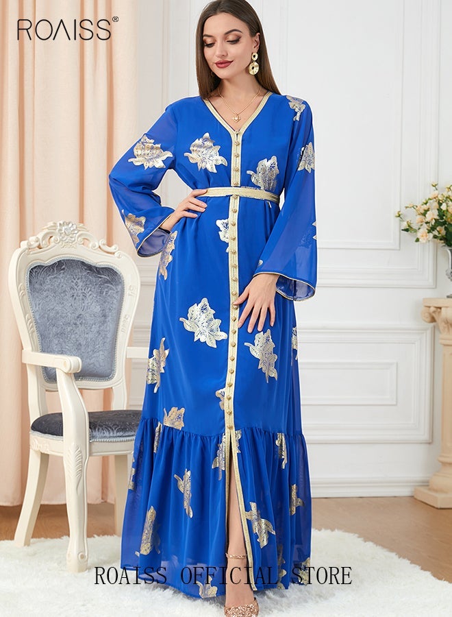 رويس فستان نسائي للمسلمات خلال شهر رمضان مصنوع من الشيفون ومطرز بالتطريز ويتميز بياقة V وأكمام الجرس الطويلة فستان طويل للسهرات والمناسبات الرسمية فستان إسلامي للنساء مزين بتطريزات الزهور - Image 4