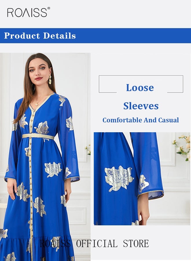 رويس فستان نسائي للمسلمات خلال شهر رمضان مصنوع من الشيفون ومطرز بالتطريز ويتميز بياقة V وأكمام الجرس الطويلة فستان طويل للسهرات والمناسبات الرسمية فستان إسلامي للنساء مزين بتطريزات الزهور - Image 5