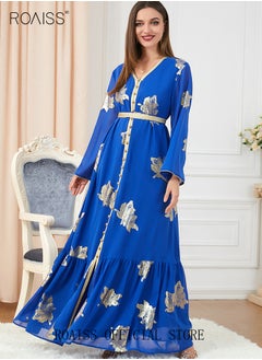 roaiss Ramadan Women Muslim Dress V-Collor Belted Embroidery Evening Party Gown Bell Sleeve Long Dresses Party Robe Women Floral Embroidery Islamic Dresses  - Image 1