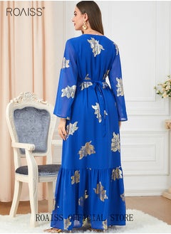 roaiss Ramadan Women Muslim Dress V-Collor Belted Embroidery Evening Party Gown Bell Sleeve Long Dresses Party Robe Women Floral Embroidery Islamic Dresses  - Image 2