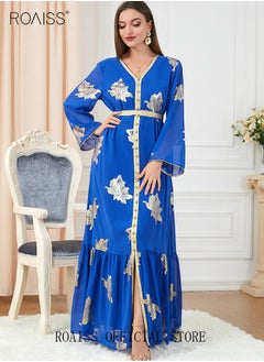 roaiss Ramadan Women Muslim Dress V-Collor Belted Embroidery Evening Party Gown Bell Sleeve Long Dresses Party Robe Women Floral Embroidery Islamic Dresses  - Image 5