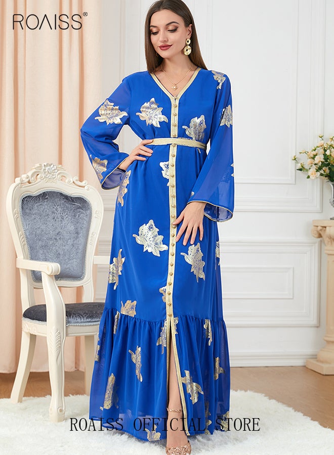 roaiss Ramadan Women Muslim Dress V-Collor Belted Embroidery Evening Party Gown Bell Sleeve Long Dresses Party Robe Women Floral Embroidery Islamic Dresses  - Image 5