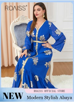 roaiss Ramadan Women Muslim Dress V-Collor Belted Embroidery Evening Party Gown Bell Sleeve Long Dresses Party Robe Women Floral Embroidery Islamic Dresses  - Image 3