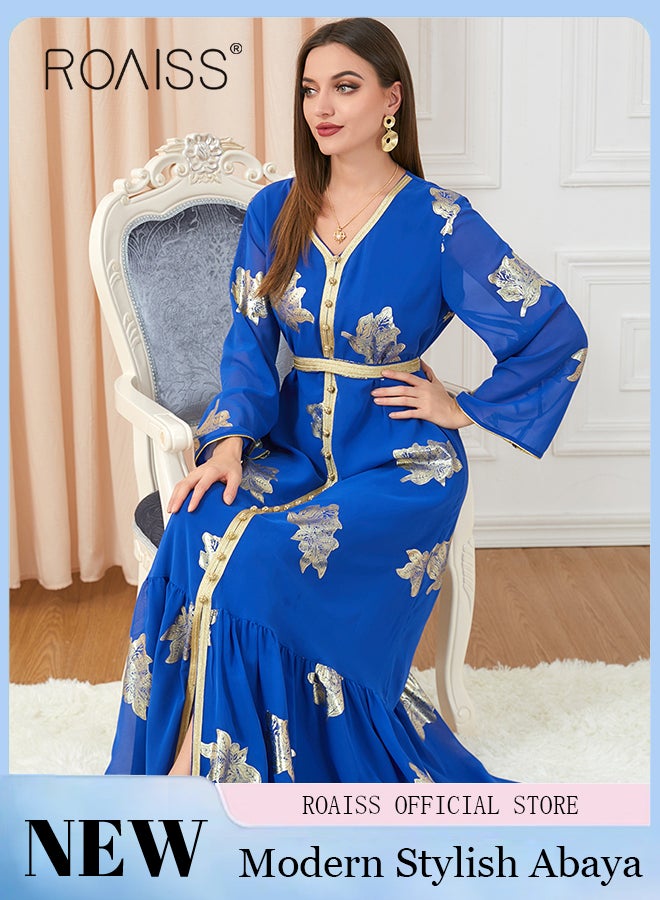 roaiss Ramadan Women Muslim Dress V-Collor Belted Embroidery Evening Party Gown Bell Sleeve Long Dresses Party Robe Women Floral Embroidery Islamic Dresses  - Image 3