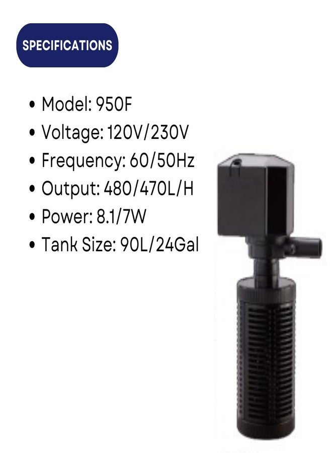 فلتر داخلي Dophin 950F لأحواض أسماك الزينة | محرك غاطس بالكامل | معدل التدفق: 480/470 لتر/ساعة | مناسب لأحواض أسماك سعة 90 لترًا | (أصلي من متجر Tunai) - Image 3