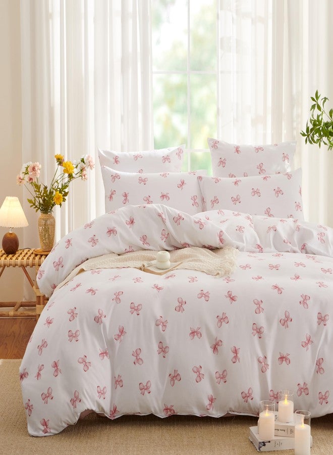 Bildenly Bow Duvet Cover Queen Size Pink Bows Bedding Set 3 Pieces Kids Girls Cute Bowknot Soft Lightweight Microfiber Duvet Cover Set with Zipper Closure and 2 Pillowcases - Image 3