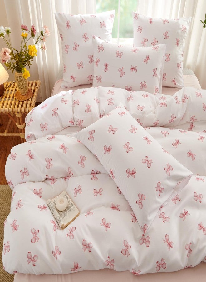Bildenly Bow Duvet Cover Queen Size Pink Bows Bedding Set 3 Pieces Kids Girls Cute Bowknot Soft Lightweight Microfiber Duvet Cover Set with Zipper Closure and 2 Pillowcases - Image 1