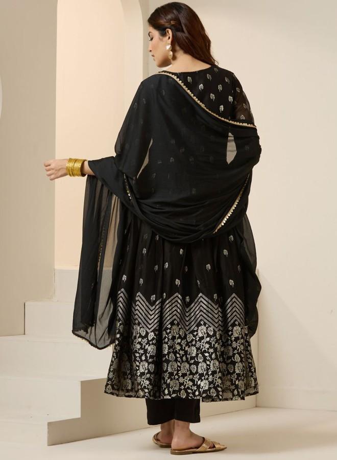 ISHIN Women'S Black Georgette Embroidered Tunic Full Length Palazzo Straight Fit Kurta Set - Image 5